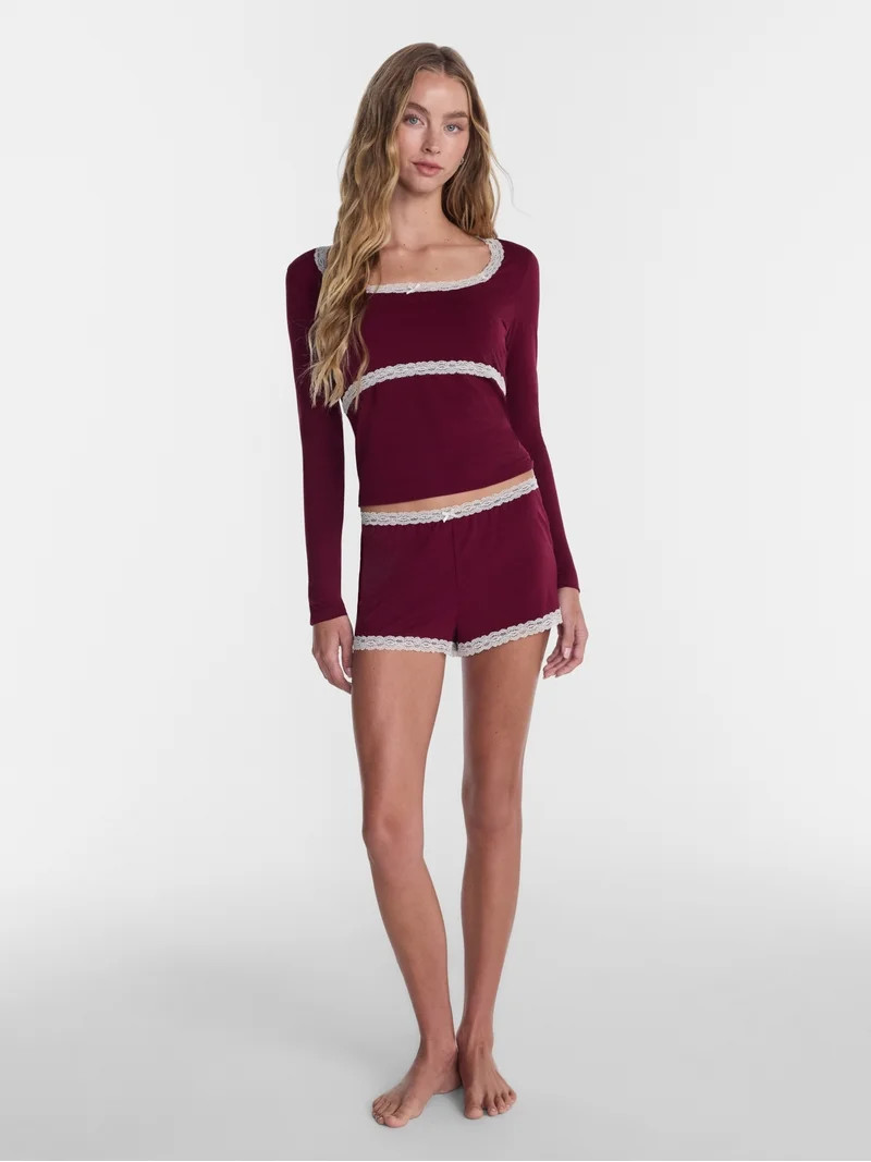 No Boundaries Cotton Blend Jersey Lace Sleep Shorts, Women\u2019s XXS-3X | Walmart (US)