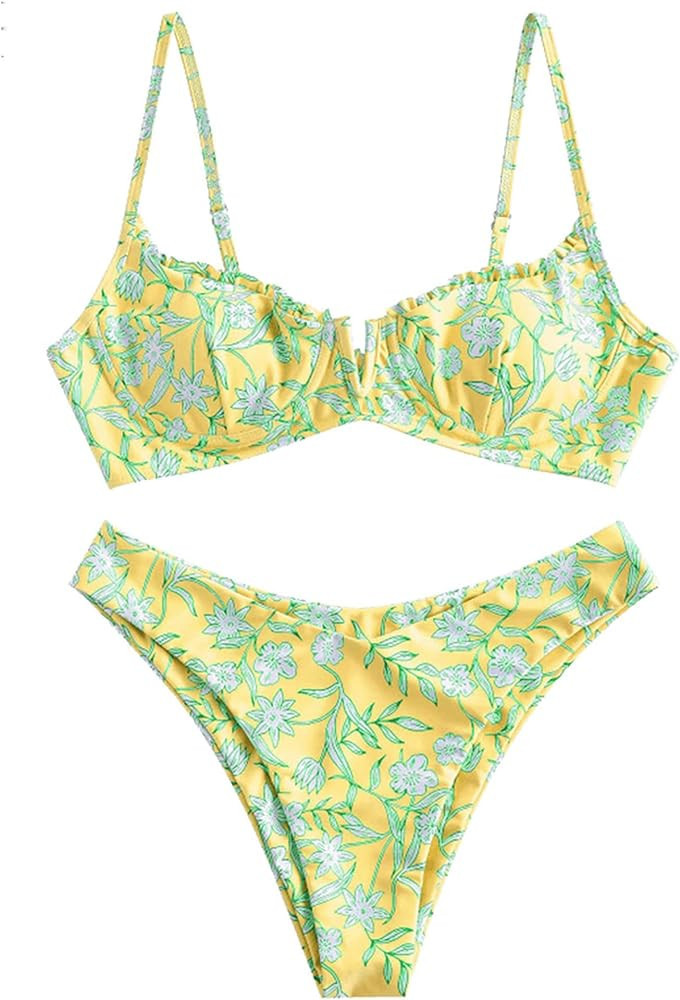 ZAFUL Women's Underwire Bikini Floral High Cut Bikini Set V-Wired Two Piece Swimsuit Bathing Suit | Amazon (US)