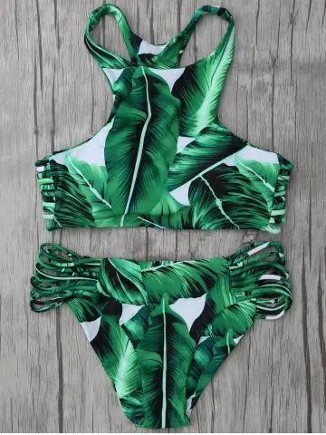 High Neck Leaf Print Racerback String Bikini Set | Rosegal US