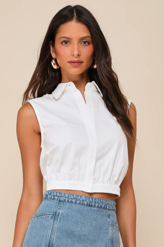 Enviable Look White Collared Sleeveless Cropped Button-Front Top | Lulus