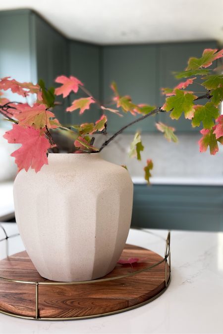 Fall kitchen island decor. Fall decor. Fall
vase. Fall foliage. Green Kitchen decor. Kitchen decor. Neutral kitchen decor. Fall colors. Green cabinets. Kitchen tray. Serving tray. 

#LTKhome #LTKSeasonal