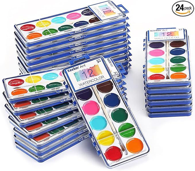 Keebor Kids Watercolor Paint Set of 24, Non-Toxic, 12-Color Washable Watercolors with Wood Brushe... | Amazon (US)