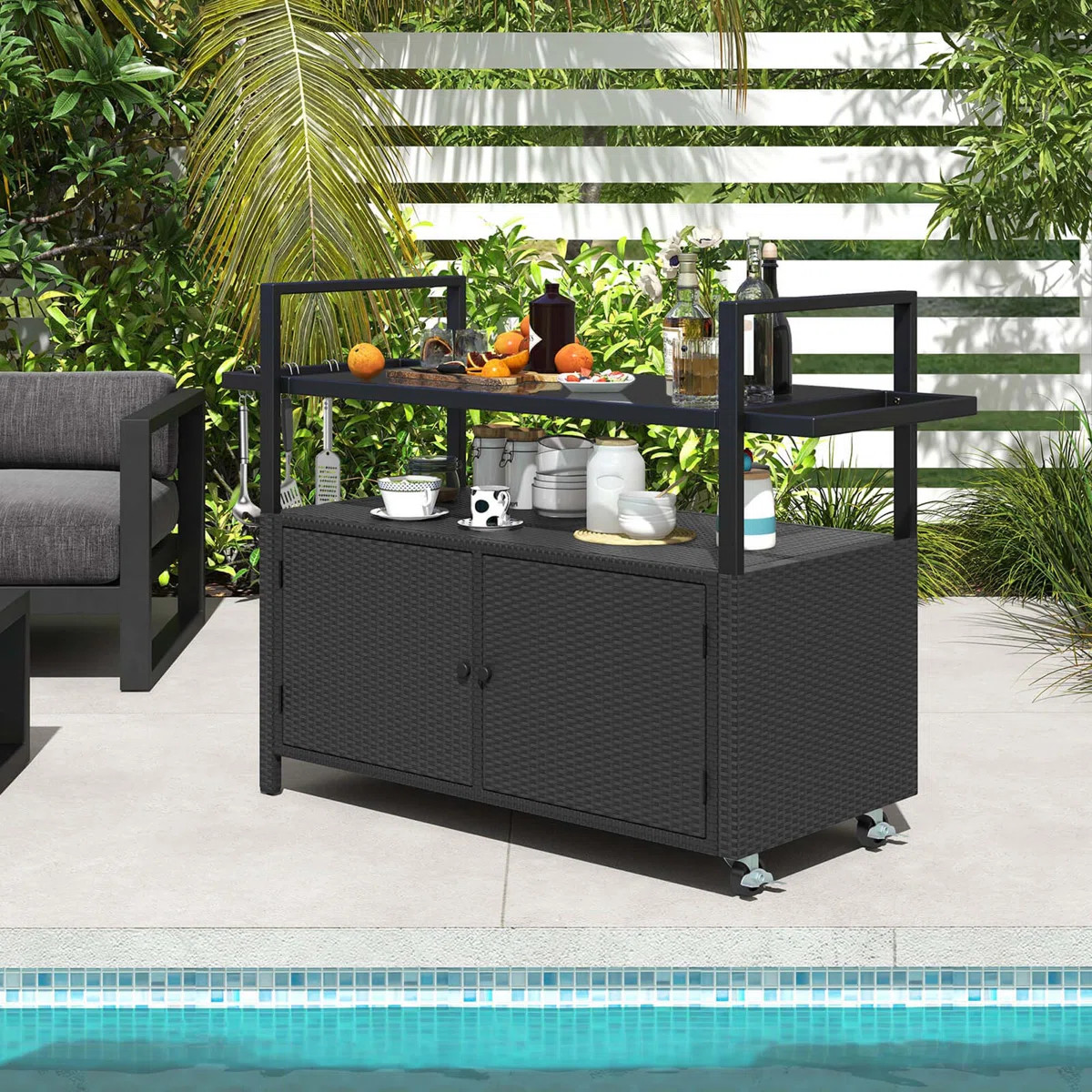 Outdoor Bar Cart With Tempered Glass Top Storage Cabinet & 8 Hooks For Porch | Wayfair North America