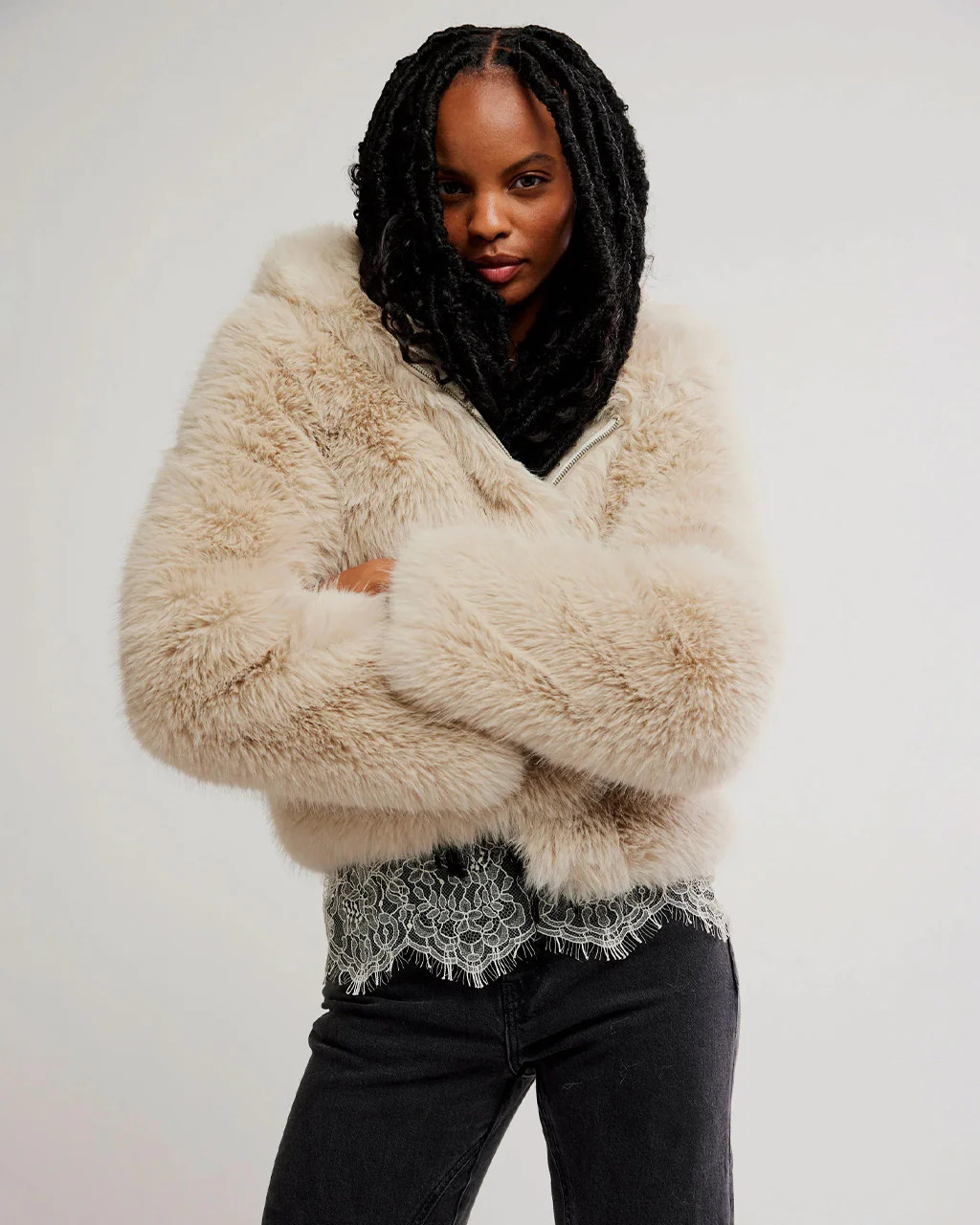 Louder Please Hooded Faux Fur Jacket - Ivory | ban.do