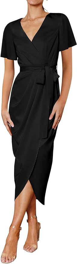PRETTYGARDEN Women's Summer Formal Midi Satin Dress Short Sleeve V Neck Belted Cocktail Party Ruc... | Amazon (US)
