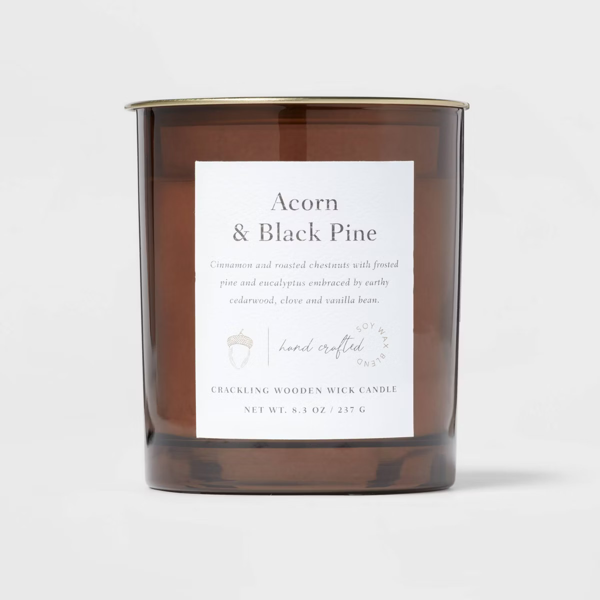 Clear Colored Glass with Woodwick and Brass Metal Inset Lid Acorn + Black Pine Candle Brown - Thr... | Target