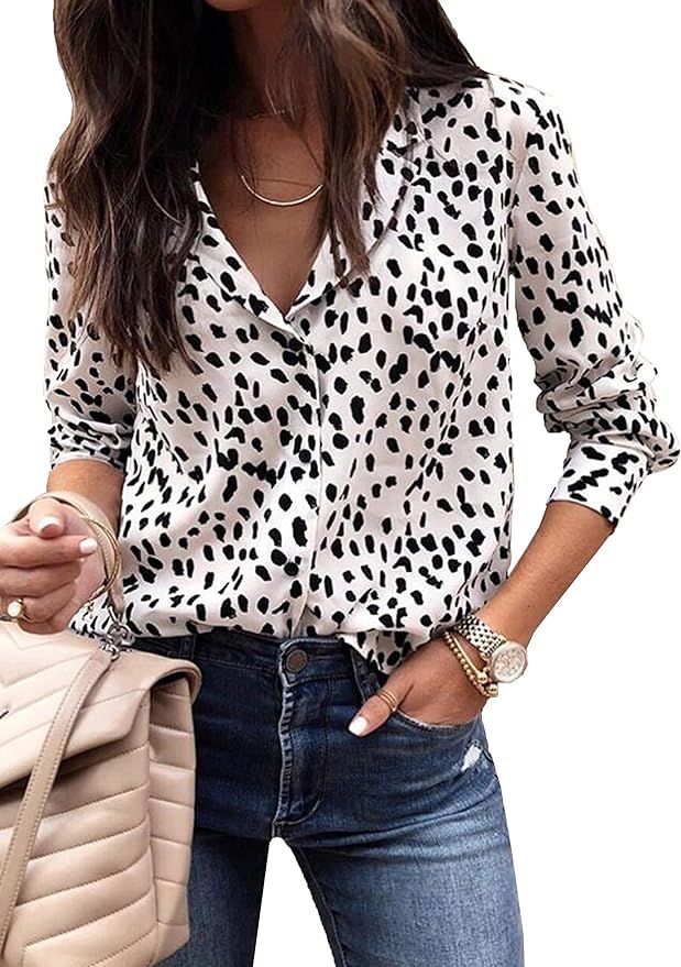 ECOWISH Womens V Neck Leopard Casual Print Tunic Long Sleeve Button Down Shirt Tops 235White S at... | Amazon (US)