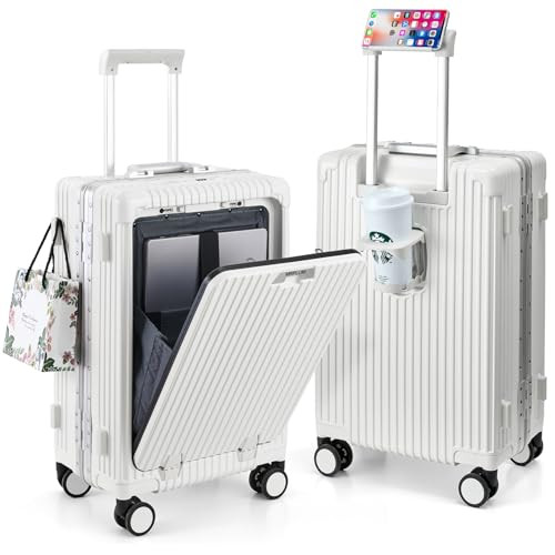Front Pocket Carry On Luggage,Aluminum Frame PC Hardside Spinner Wheel Suitcase with TSA Lock,Cup... | Amazon (US)