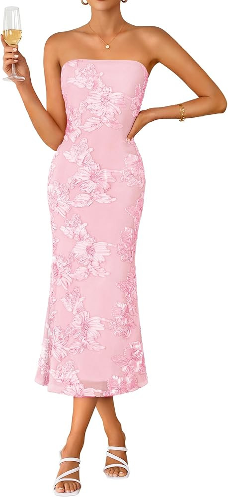 ZESICA Cocktail Wedding Guest Dresses for Women 2026 Summer Strapless Floral Bodycon Mesh Tube Formal Party Midi Dress | Amazon (US)