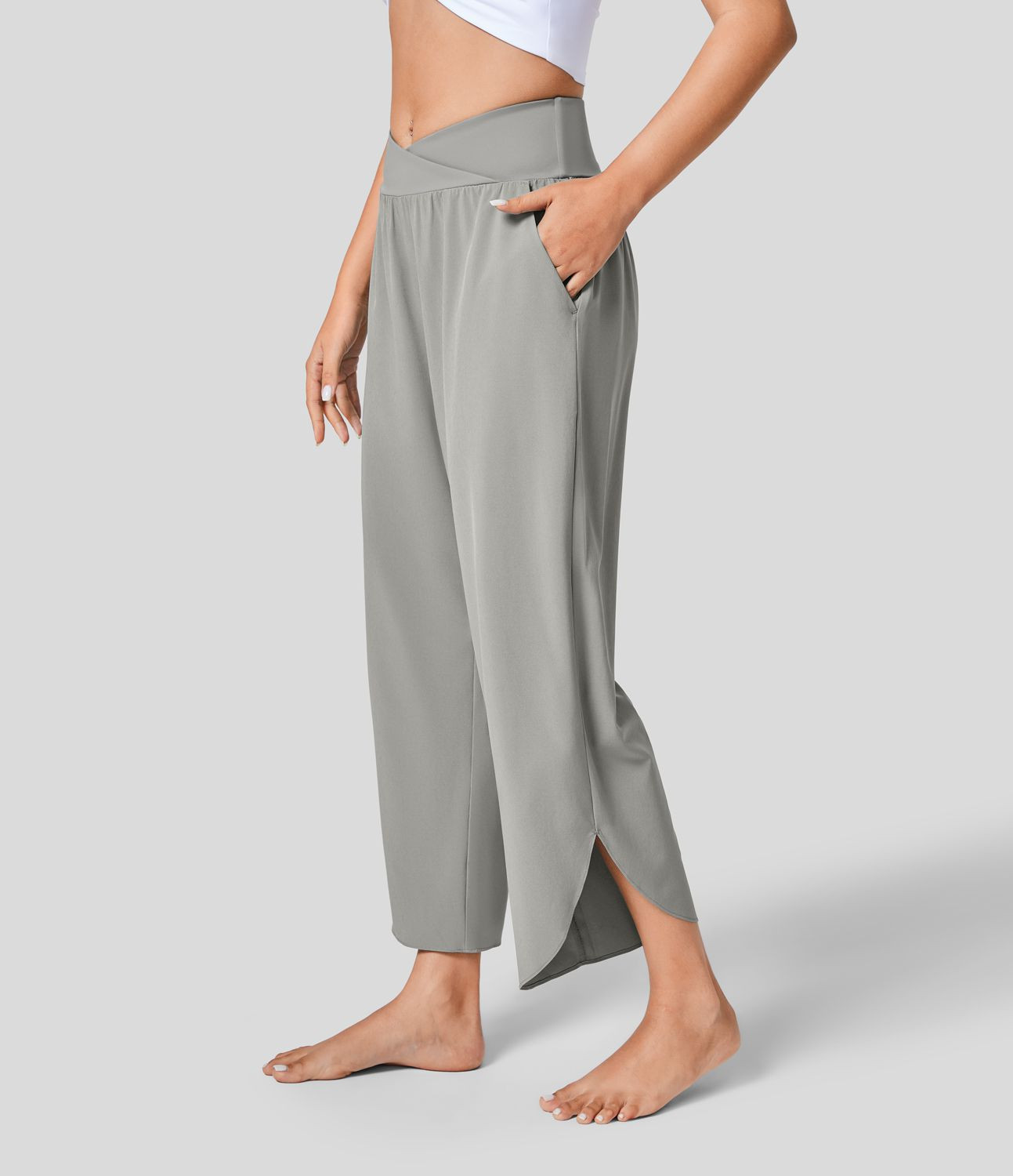 Women’s Breezeful™ High Waisted Crossover Plicated Side Pocket Split Quick Dry Resort Pants -... | HALARA