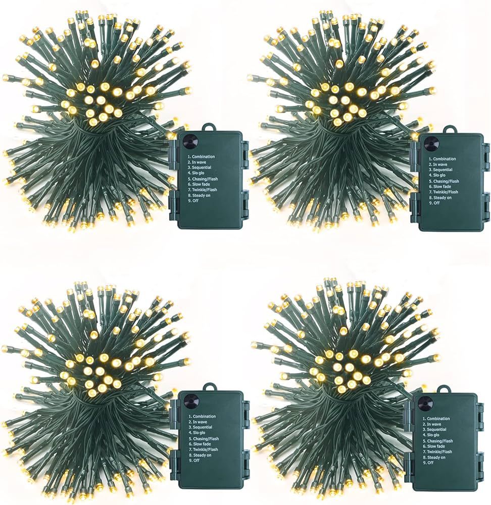 4 Pack Each 32.8ft 120 LED Battery Operated Christmas Tree Lights Indoor Outdoor Cluster String L... | Amazon (US)