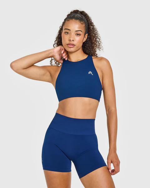 EasyLift™ High Neck Sports Bra with White Logo 
 Midnight | Oner Active (UK / US)