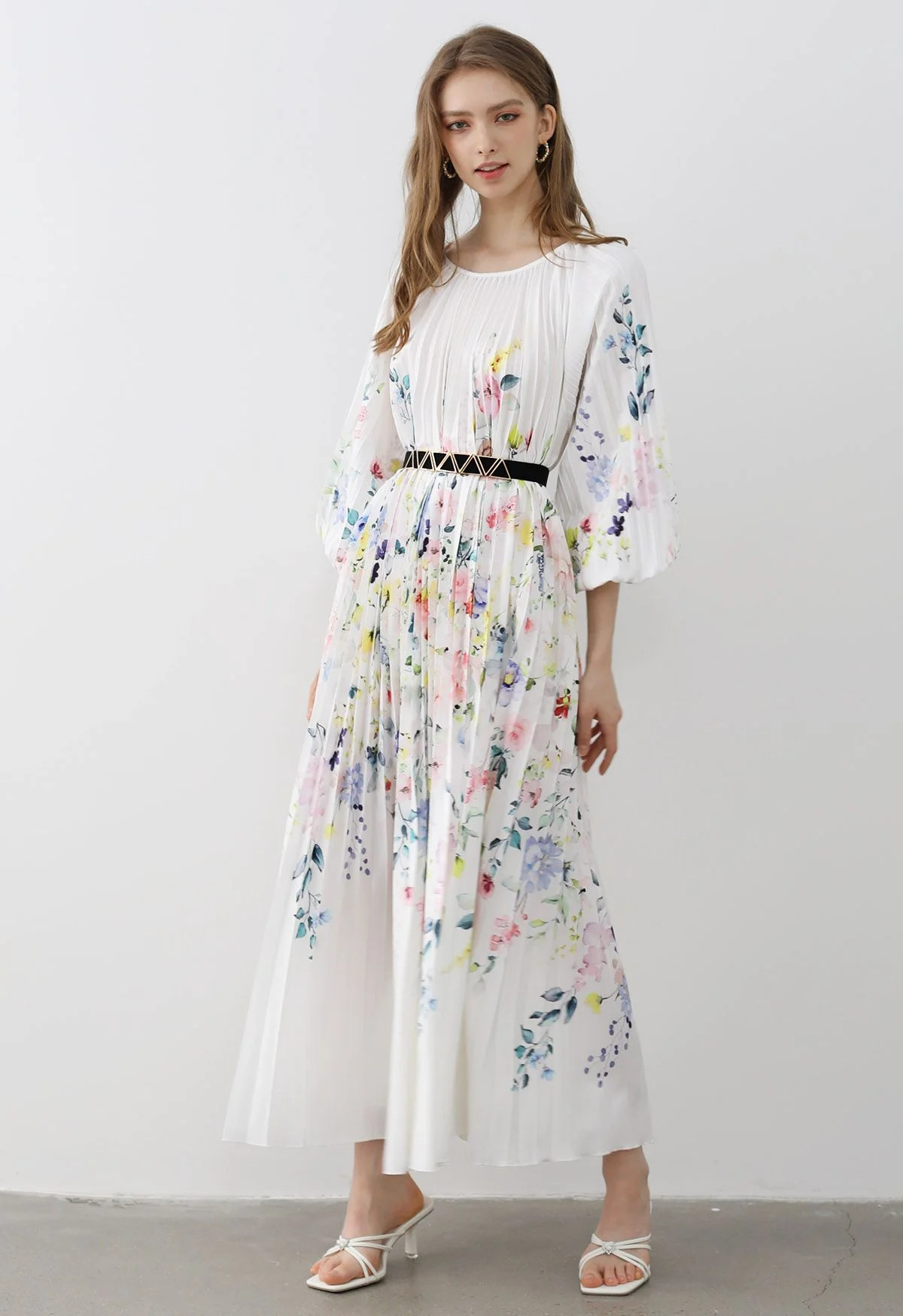 Blossoming Day Watercolor Pleated Maxi Dress in White | Chicwish