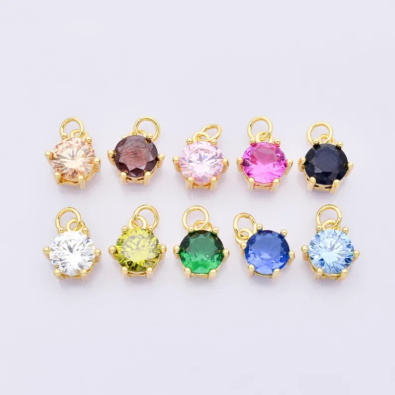 24K Gold Filled CZ Birthstone Charms Round Solitaire Pendant Dainty Minimalist Necklace DIY Custo... | Etsy (US)