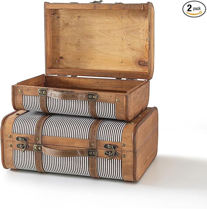 SLPR Wooden Striped Vintage Suitcases - Set of 2, Retro Luggage Décor, Antique Decorative Storag... | Amazon (US)