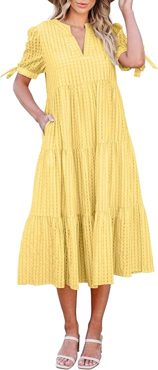 ECOWISH Women Summer Casual Dress - V Neck Short Sleeve Gingham Midi Pleated Tiered Loose Fit Hol... | Amazon (US)