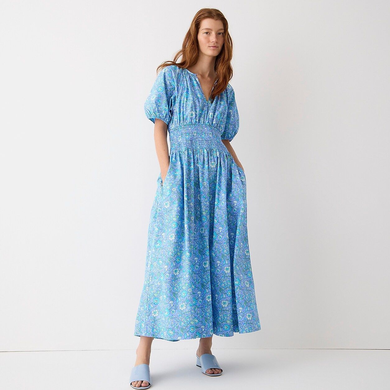 Tall puff-sleeve smocked-waist midi dress in marigold blooms cotton poplin | J.Crew US