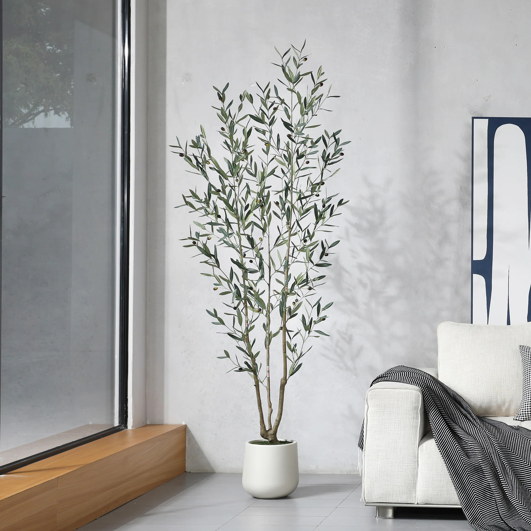 Primrue AdcockFaux Olive Tree with Round White Planter, Pre Potted Fake Greenry Olive Plant for H... | Wayfair North America