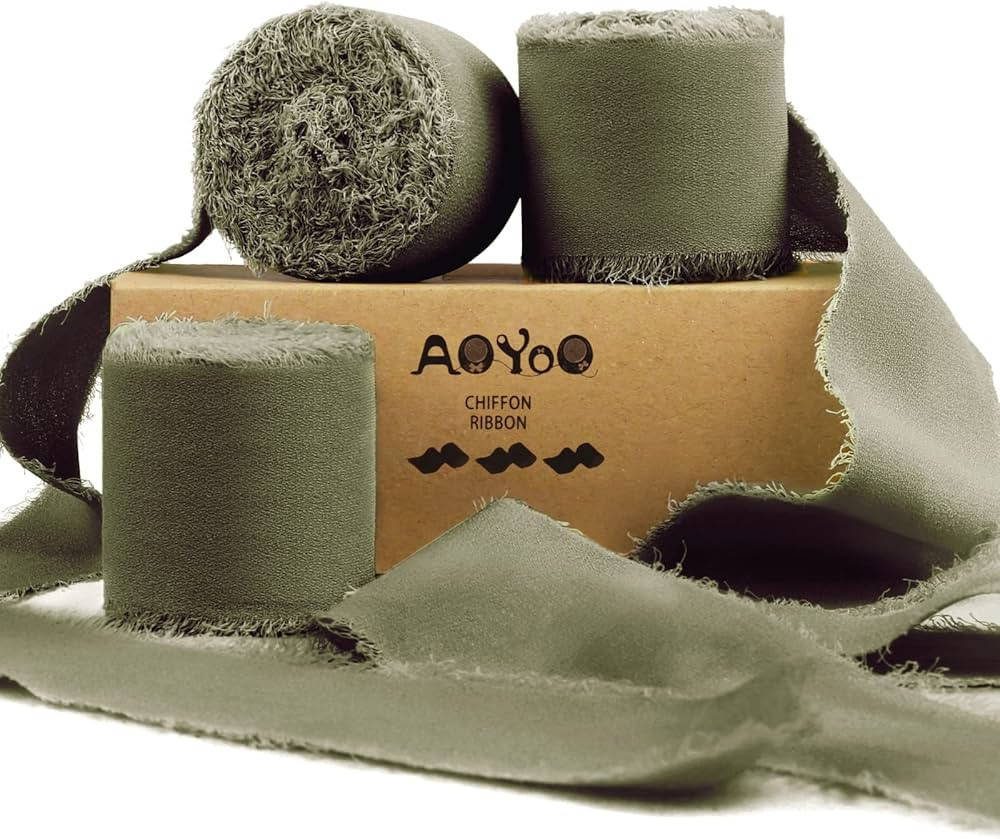 3 Rolls Olive Green Handmade Chiffon Ribbon, 1.5" x 21Yd Frayed Fringe Silk Ribbons for Wedding I... | Amazon (US)