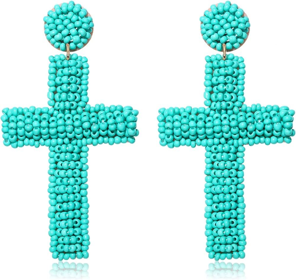 Cross Beaded Earrings for Women Girls Boho Handmade Cross Beaded Drop Earrings Hypoallergenic Min... | Amazon (US)