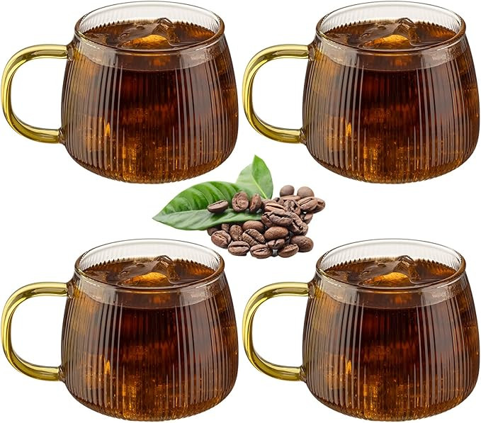 4 Pcs Glass Coffee Mugs with Amber Colored Handle 12.5 oz Vertical Striped Borosilicate Glass Mug... | Amazon (US)