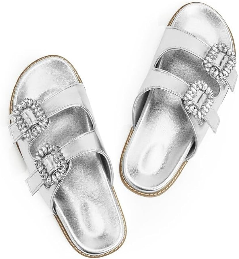 Slide Sandals for Women Rhinestone Flat Platform Sandals Soft Footbed Comfortable Walking Girls L... | Amazon (US)