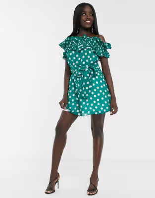 Talulah all my days ruffle polka dot off shoulder mini dress in green white spot | ASOS (Global)