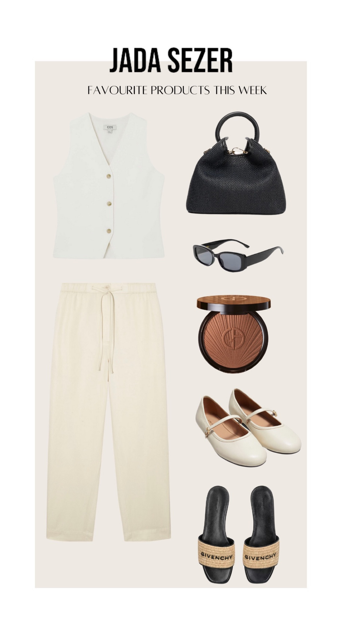 Waitcoat - Cos, knitted waistcoat 
Trousers - Cos, Barrel Leg Straw Trousers.
Sandal - Givenchy, Raffia Sandal
Sunglasses - Mango
Bronzer- Armani Luminous Silk
Flats -  Mary Jane Ballerinas 
Bag - Elleme Baozi Bag

#LTKsummer #LTKmidsize #LTKstyletip