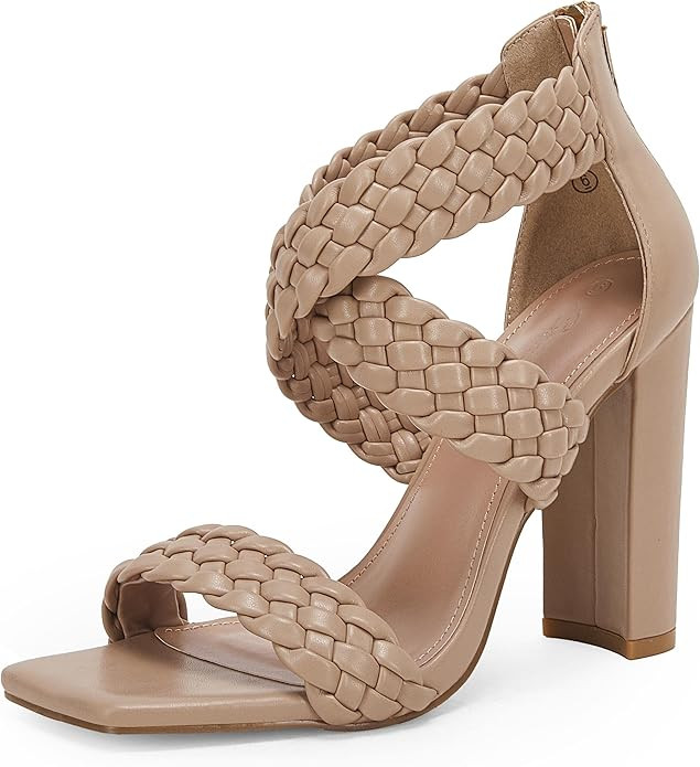 Ermonn Women's Square Toe Heeled Sandals Crisscross Braided Strap Chunky High Heel Zipper Wedding... | Amazon (US)