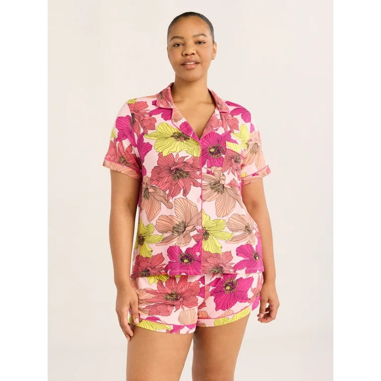 Joyspun Women’s Notch Collar Top and Shorts Pajama Set with Piping, 2-Piece, Sizes XS-3X | Walmart (US)