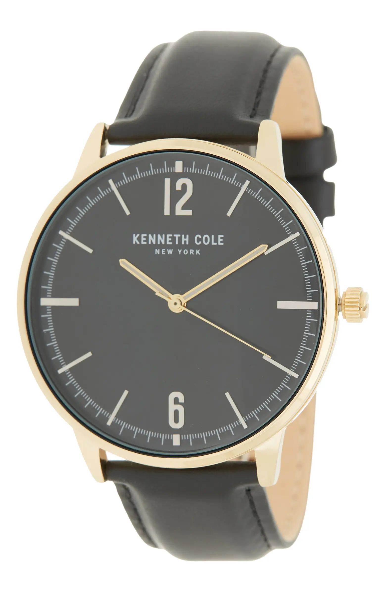 KENNETH COLE NEW YORK Men's 3-Hand Black Leather Strap Watch, 45mm | Nordstromrack | Nordstrom Rack