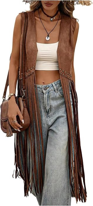 MakeMeChic Women's Faux Suede Fringe Jacket Vest Western Concert Outfits | Amazon (US)