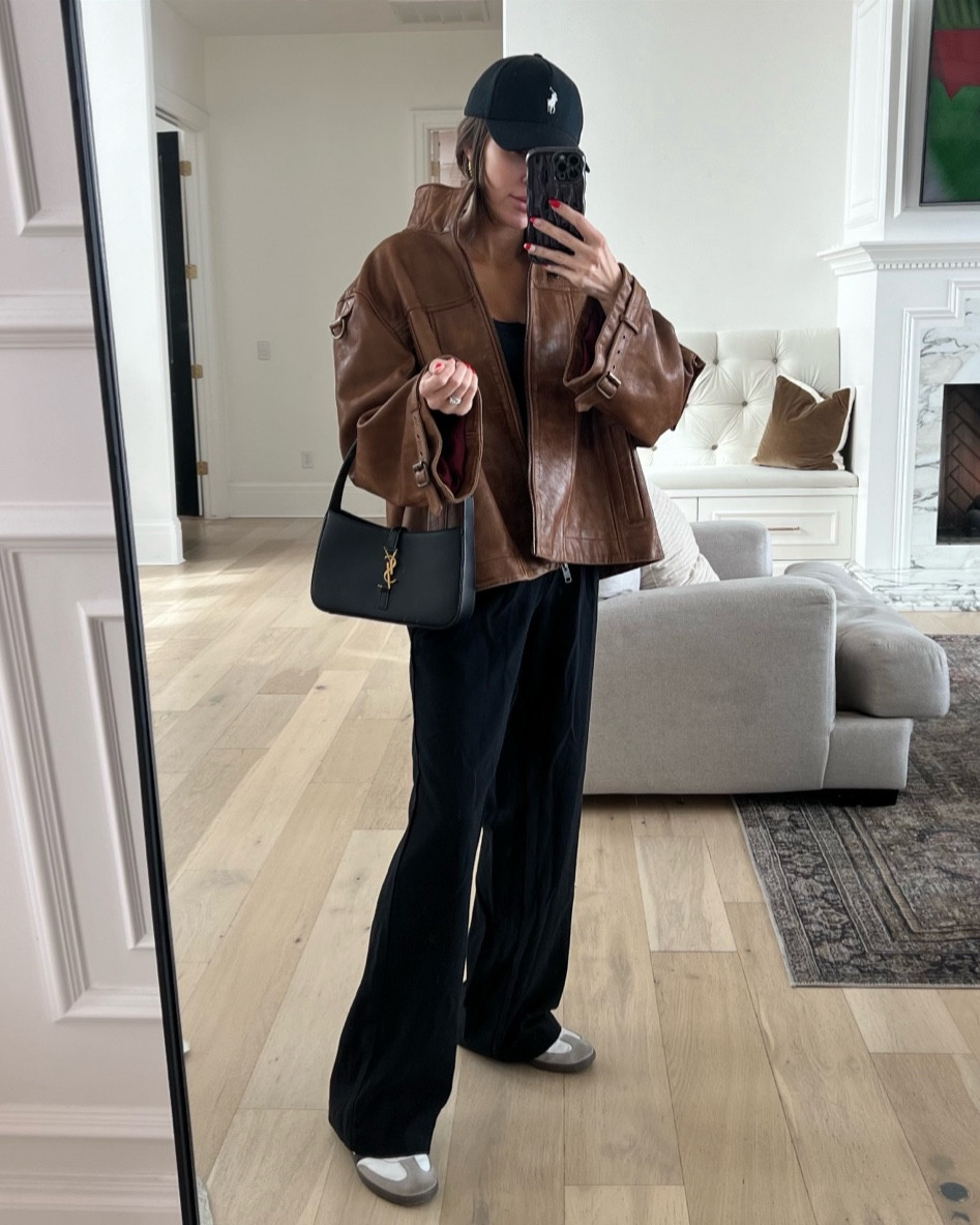 Casual sporty outfit 🖤 love my adidas samba sneakers with these black wide leg trousers! The adidas sambas are finally back in stock but selling out fast ✨

Winter outfit; winter style; casual style; mom style; school drop off outfit; leather jacket; brown leather jacket; black trousers; wide leg pants; work pants; work outfit; adidas; Abercrombie; ysl; Christine Andrew 

#LTKshoecrush #LTKworkwear #LTKstyletip