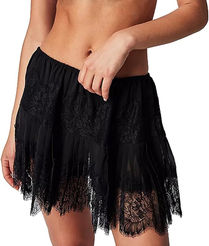 Women Tiered Lace Mini Skirt 2024 Summer Casual Elastic Waist Pleated Lace Trim Half Slips Short ... | Amazon (US)