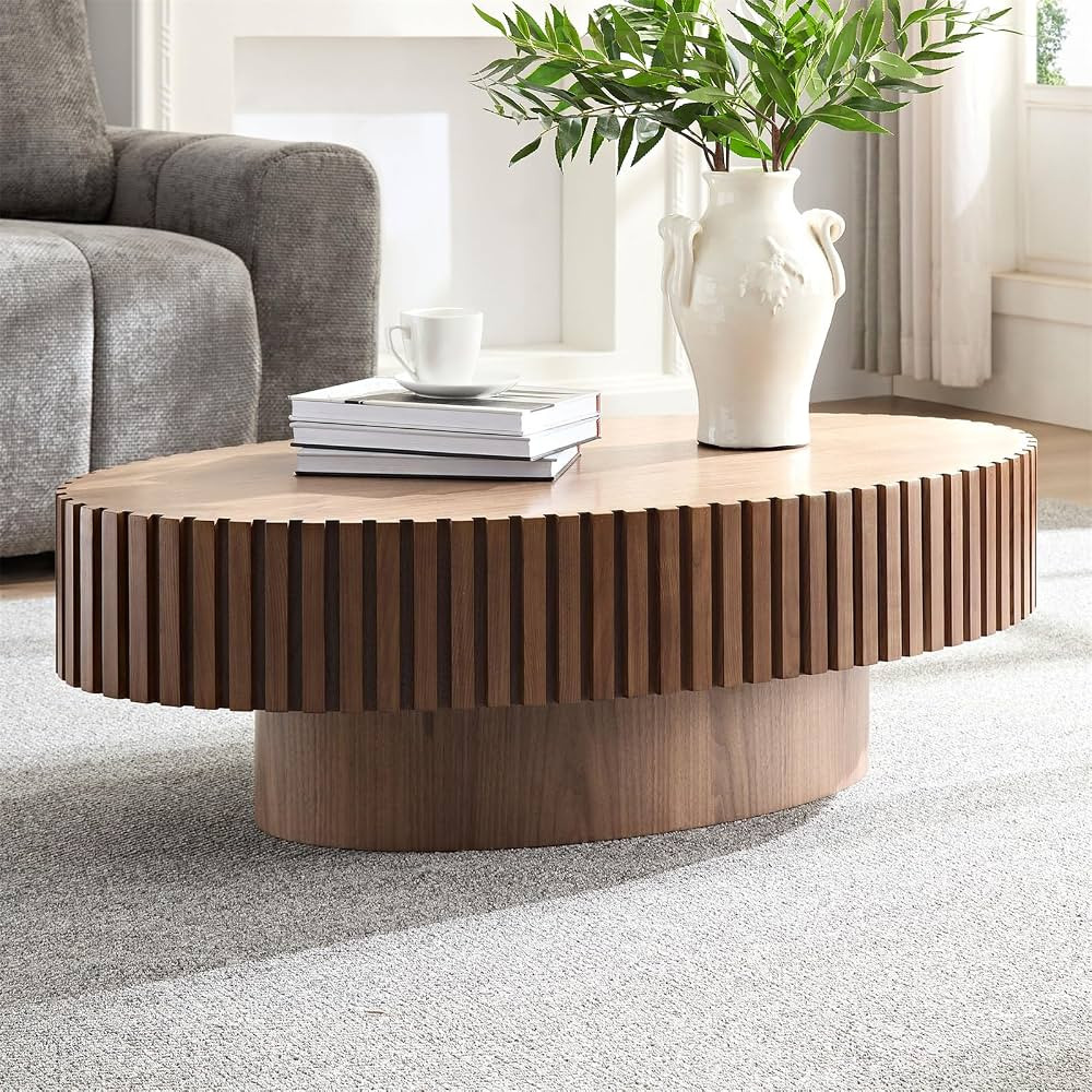 Oval Drum Coffee Table Handcrafted Relief Sturdy Pedestal Wooden Olive-Shaped Tea Table for Livin... | Amazon (US)