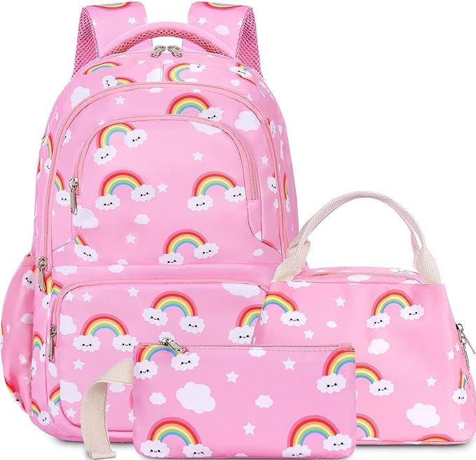 Pink Girls Backpack with Lunch Box,Rainbow Kids Backpack Set,Large Capacity Lightweight Bookbag B... | Amazon (US)