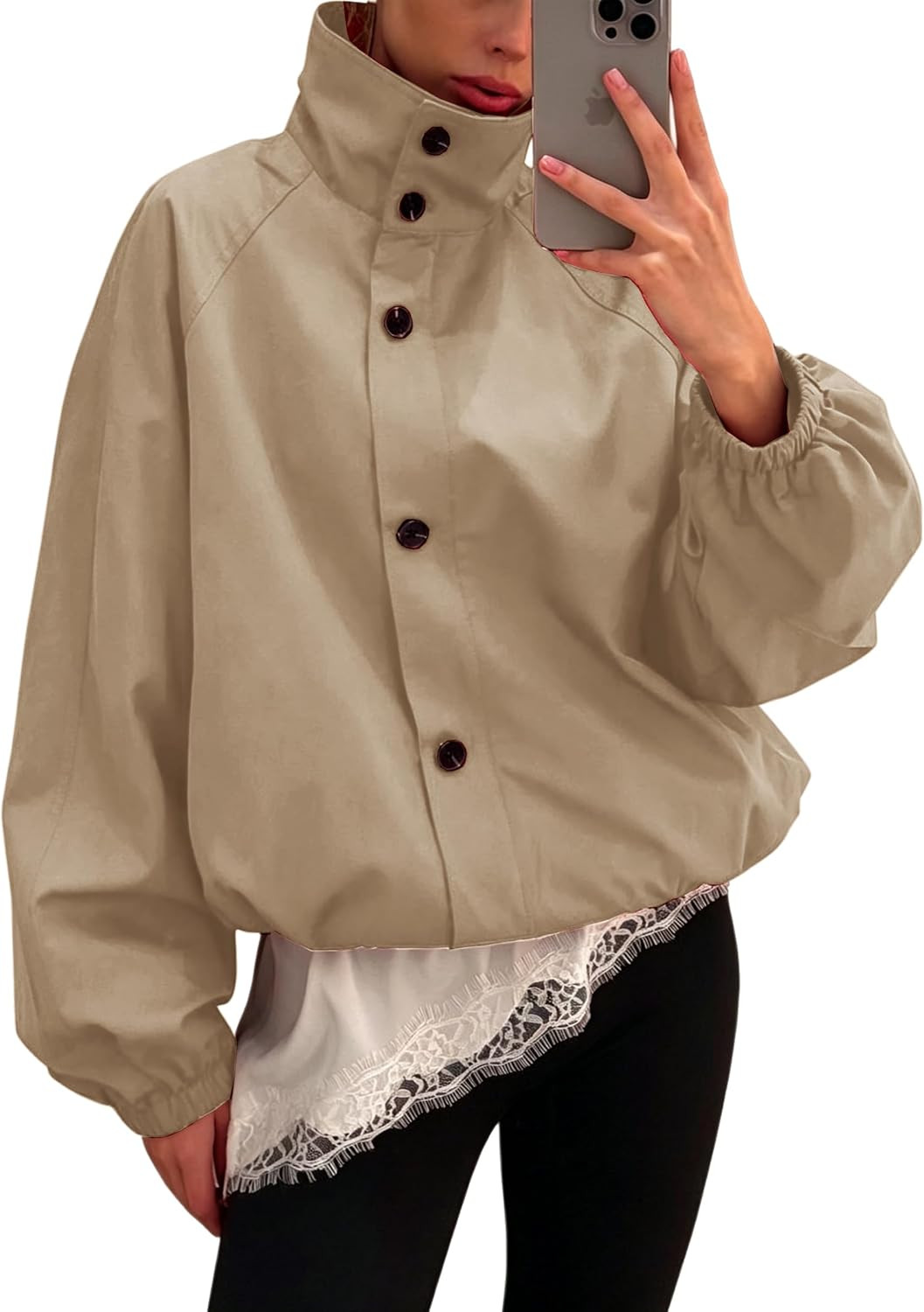 Womens Funnel Neck Jackets Fall Cropped Windbreaker Outwear Coats | Amazon (US)