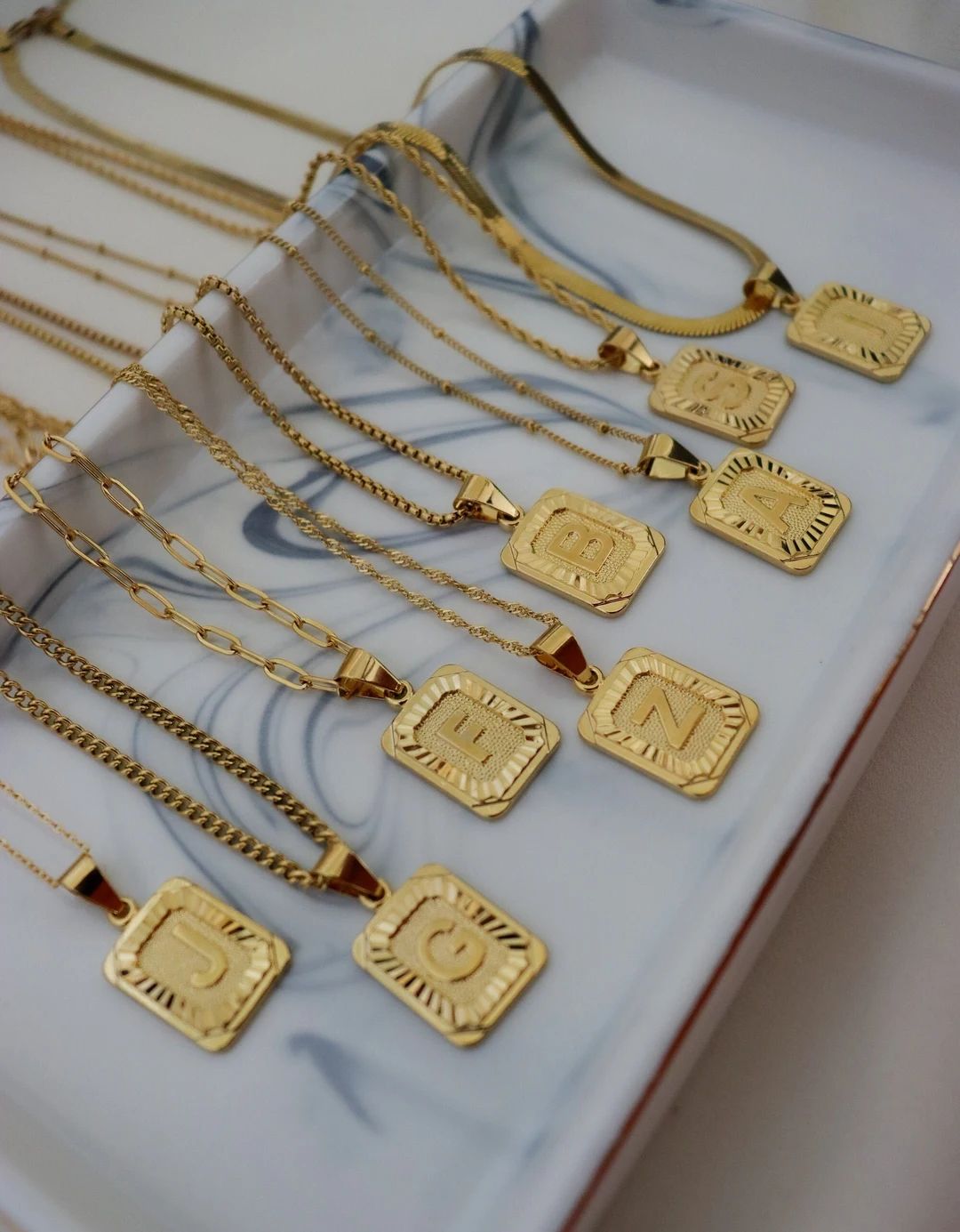 18K Gold Initial Letter Necklace, Medal Gold Initial Letter Pendant Necklace, Square Alphabet Rec... | Etsy (US)