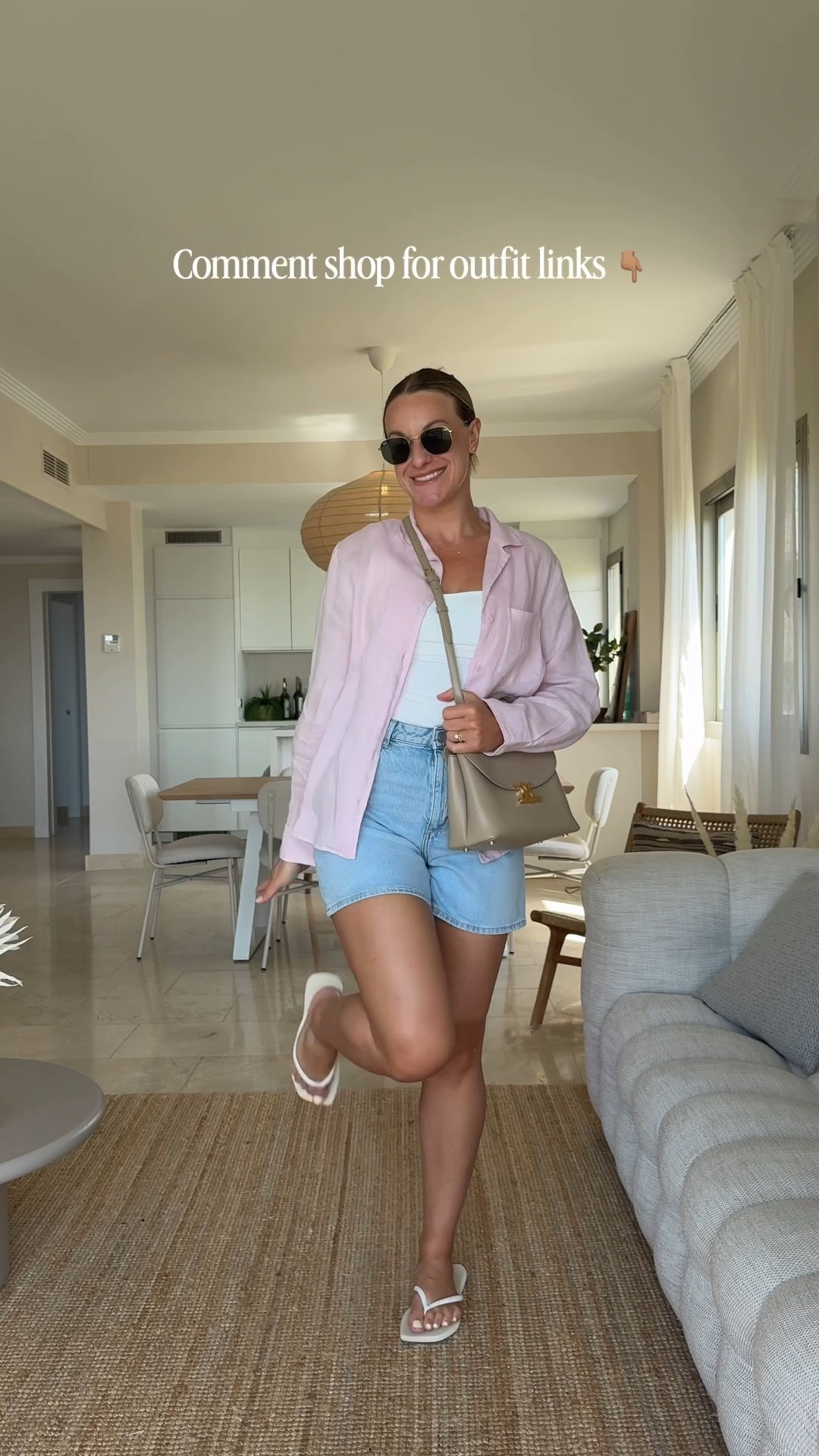 Spring /summer bloat friendly outfit idea day 18/30 
Pink linen shirt, white vest top, light wash denim shorts, white haviana ‘s flip-flops, Celine nude handbag and Rayban sunglasses

#LTKspring #LTKuk #LTKsummer