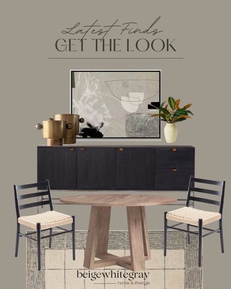 Loving this dining room look. From the sideboard, to the pottery barn dupe chairs, and the abstract art! Love how this beautiful vase looks against the black sideboard and the magnolia stems are on sale! Check out this look here. 

#LTKFind #LTKhome #LTKstyletip