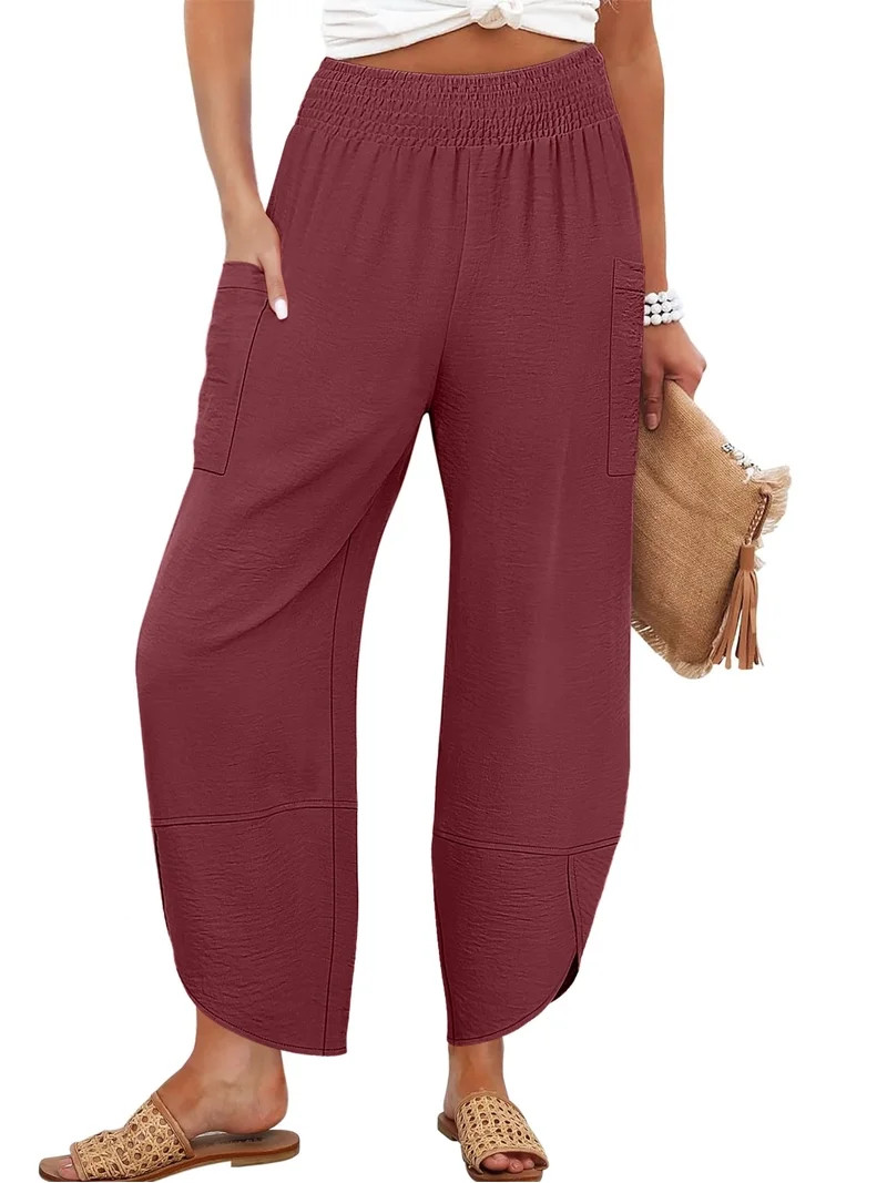 ANRABESS Wide Leg Capri Pants for Women Smocked High Waist Cropped Lounge Pants with Deep Pockets... | Walmart (US)