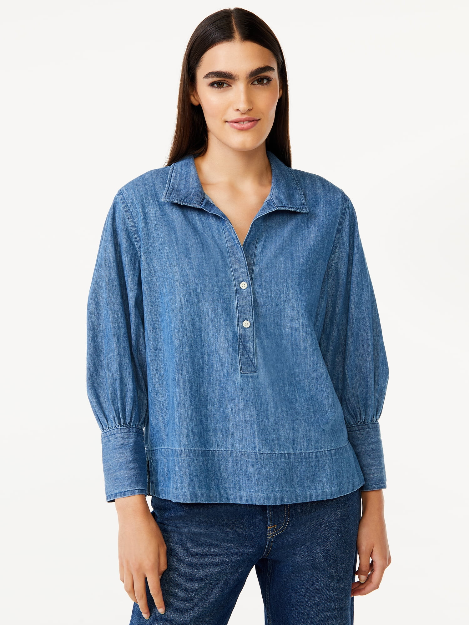 Free Assembly Women's Chambray Popover Top with Blouson Sleeves - Walmart.com | Walmart (US)