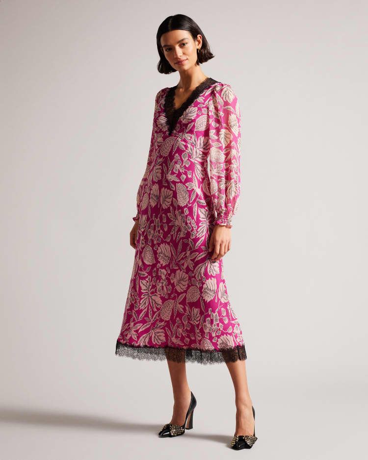 Long Sleeve Midi Dress With Lace Trim | Ted Baker (UK)