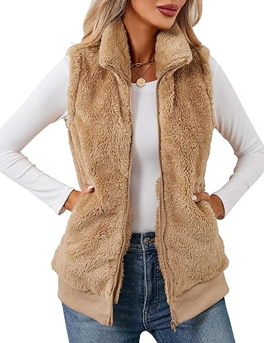 LOMON Womens Fuzzy Fleece Vest, Casual Warm Sleeveless Zip Up Sherpa Vest Jacket with Pockets for... | Amazon (US)