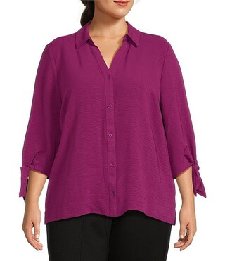 Slim Factor by Investments Plus Size Nicole Point Collar Y-Neck 3/4 Tie Sleeve Button Front Top |... | Dillard's