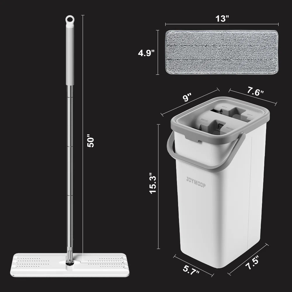 JOYMOOP Flat Squeeze Mop and Bucket Set, with 50" Mop Handle and 8 Grey Microfiber Pads | Wayfair North America