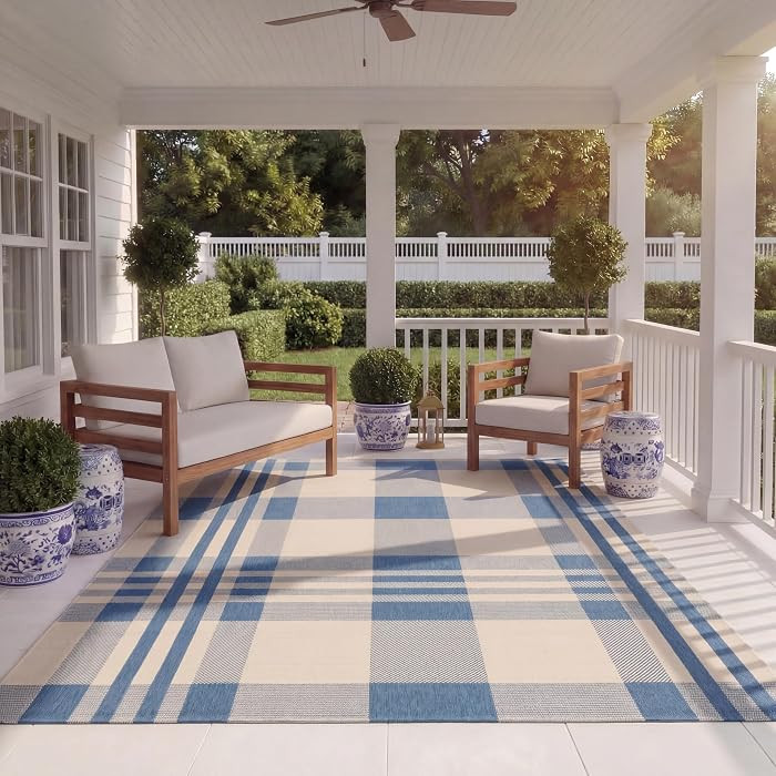 SAFAVIEH Washable Rug Outdoor Courtyard Collection - 9' x 12', Beige & Blue, Plaid Pattern, Non-S... | Amazon (US)