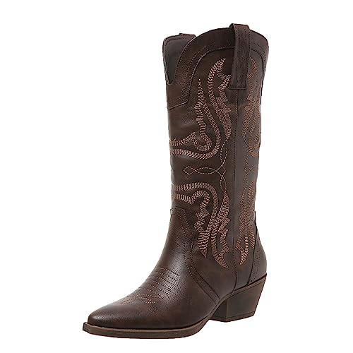 Cowboy Boots for Women Cowgirl Mid Calf Western Boots Embroidered Stitched Pointed Toe Chunky Block Heel Brown Red Black US5-11, dark brown, 12 | Amazon (US)