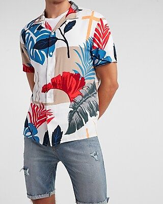 Slim Tropical Print Rayon Short Sleeve Shirt | Express