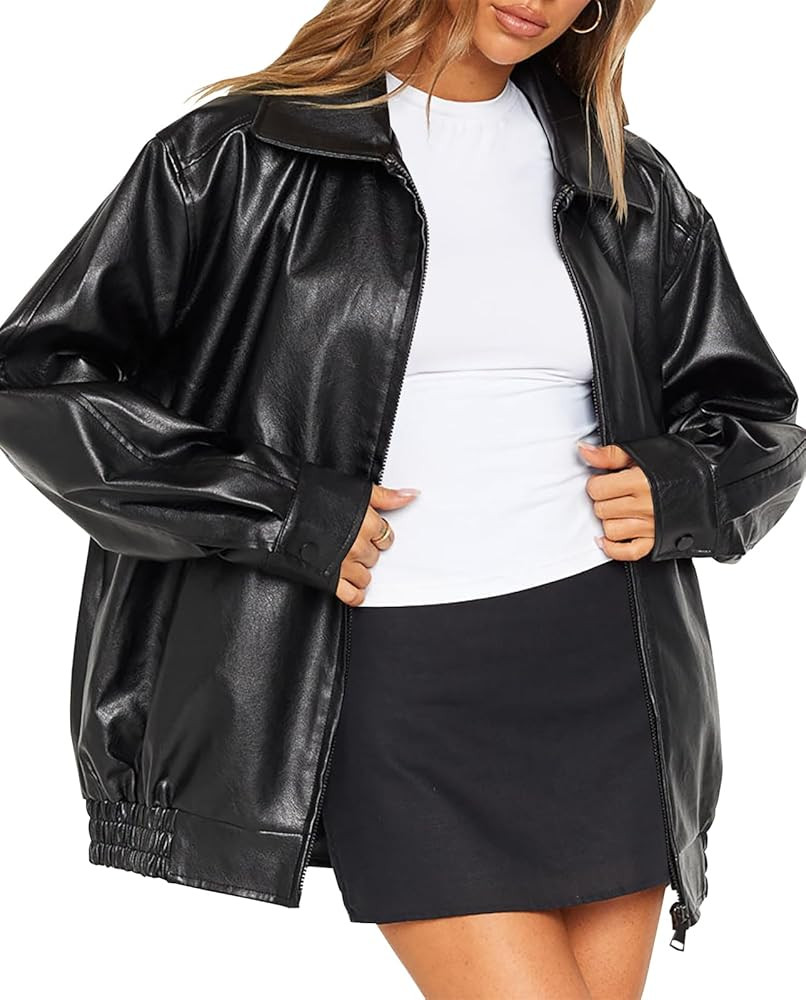 Women Vintage Oversized Leather Bomber Jackets Zip Up Motorcycle Jacket Biker Coat Cool Outfits C... | Amazon (US)